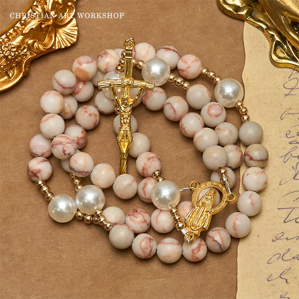 Matte Pink Zebra Jasper and Pearl Rosary with Miraculous Medal and Crucifix