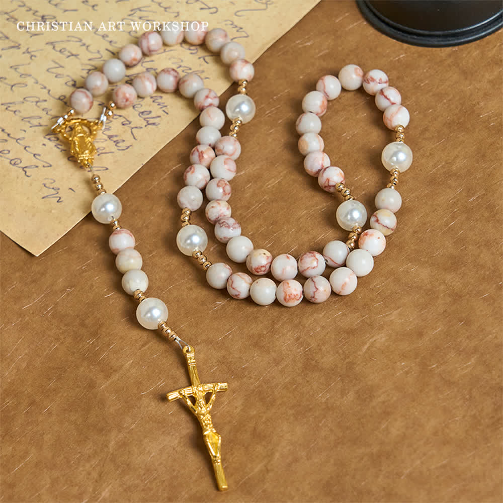 Matte Pink Zebra Jasper and Pearl Rosary with Miraculous Medal and Crucifix