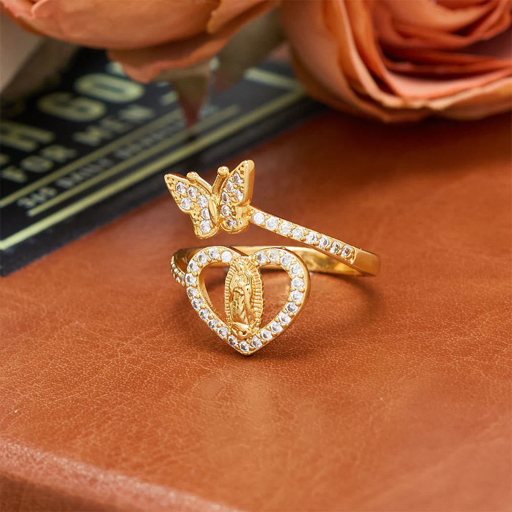 Dual Motif Butterfly & Heart Our Lady Ring: Symbol of Sacred Love and Grace