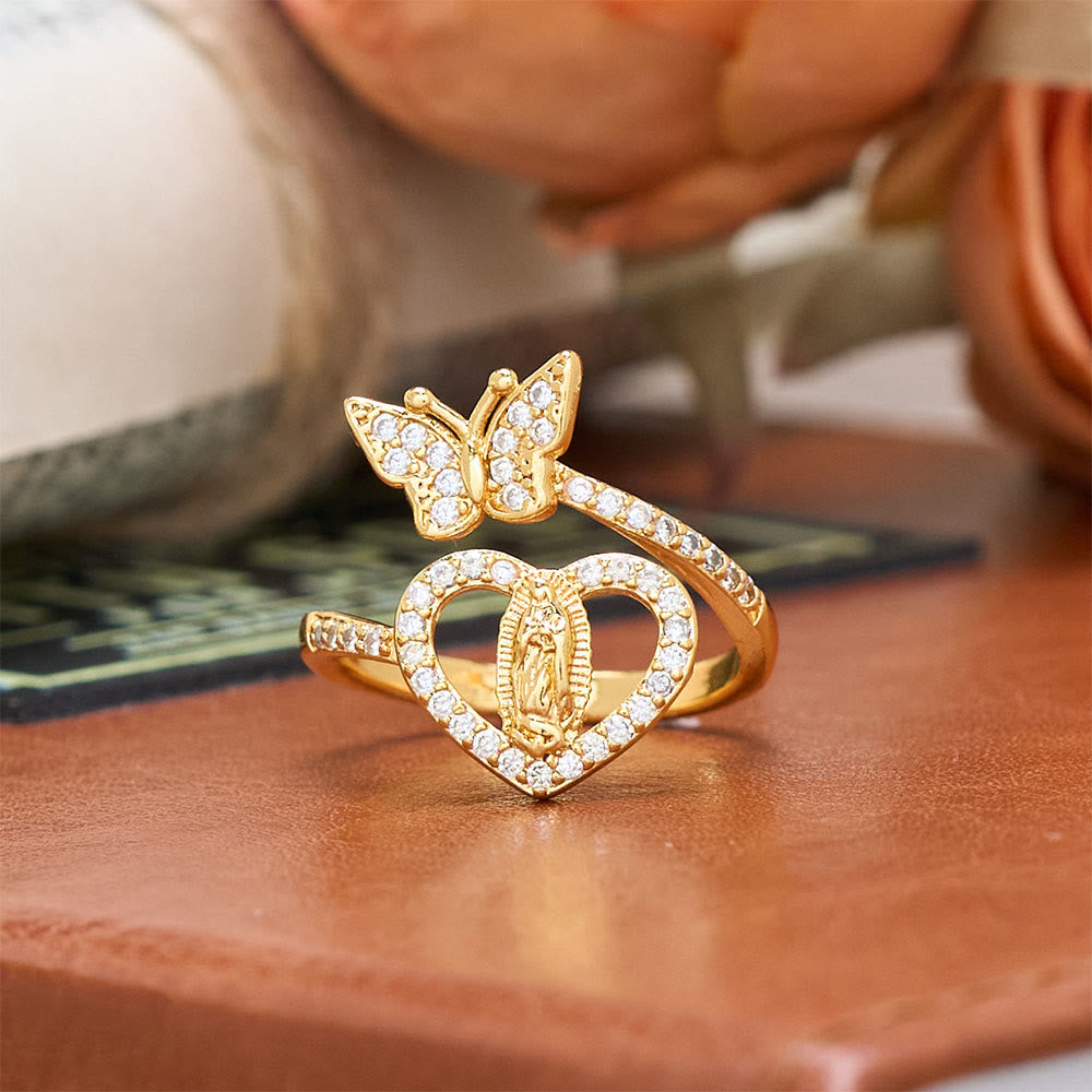 Dual Motif Butterfly & Heart Our Lady Ring: Symbol of Sacred Love and Grace