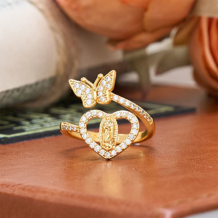 Dual Motif Butterfly & Heart Our Lady Ring: Symbol of Sacred Love and Grace
