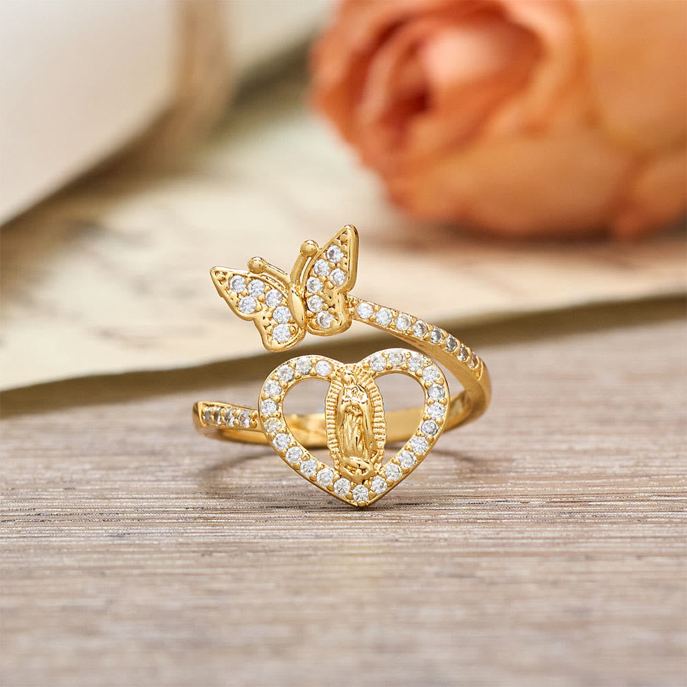 Dual Motif Butterfly & Heart Our Lady Ring: Symbol of Sacred Love and Grace
