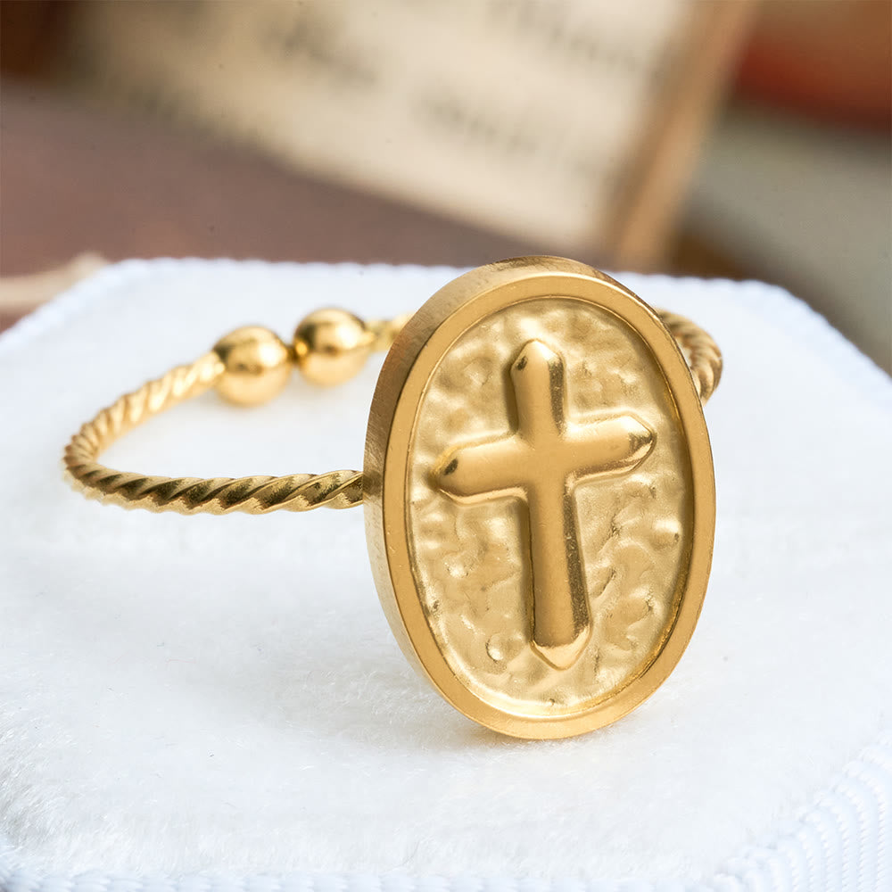Hammered Oval Cross Twisted Band Ring: Rustic Token of Devout Blessing