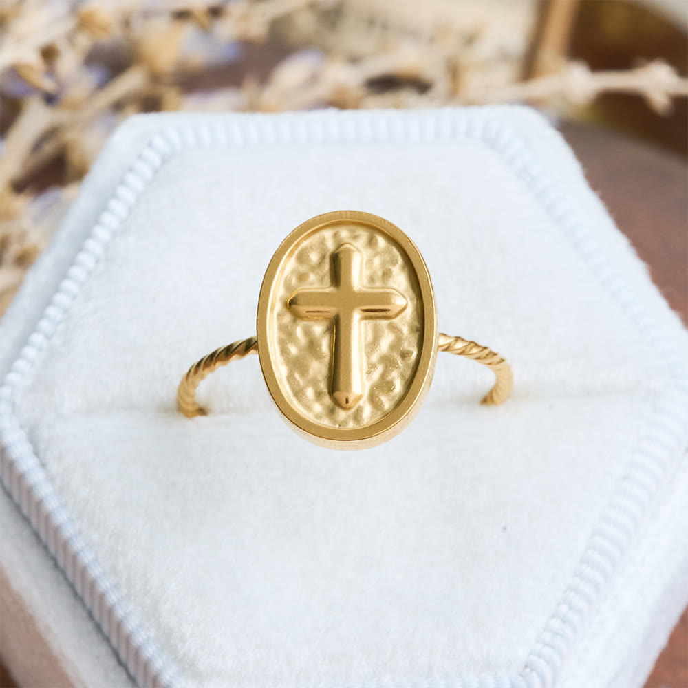 Hammered Oval Cross Twisted Band Ring: Rustic Token of Devout Blessing