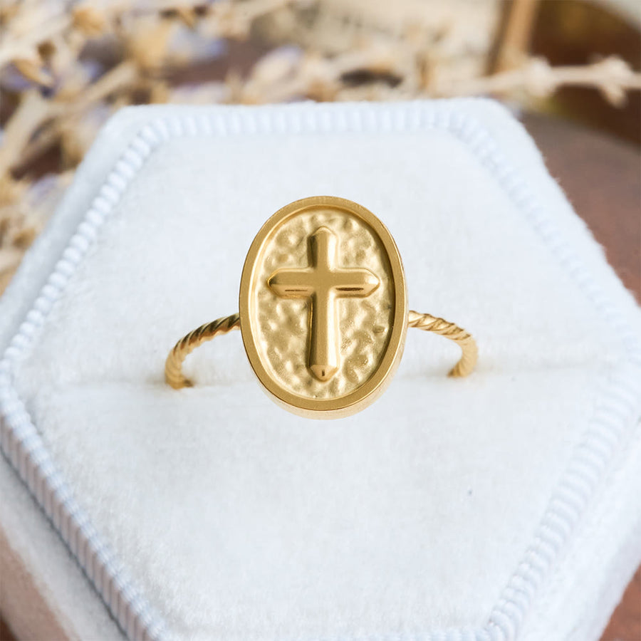 Hammered Oval Cross Twisted Band Ring: Rustic Token of Devout Blessing