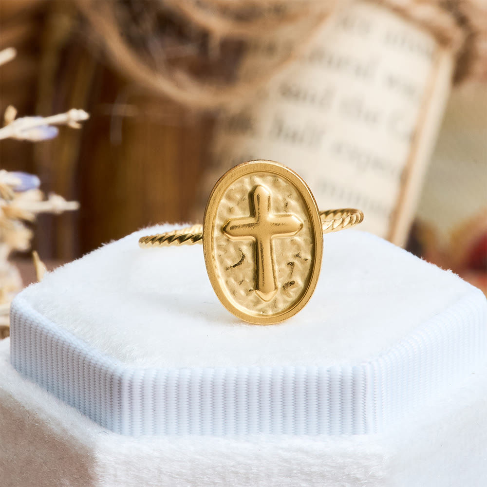 Hammered Oval Cross Twisted Band Ring: Rustic Token of Devout Blessing