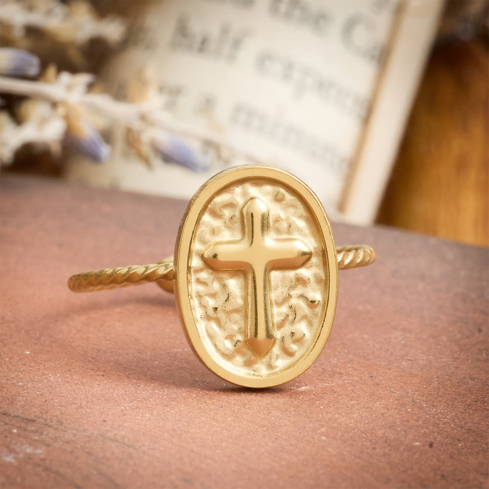 Hammered Oval Cross Twisted Band Ring: Rustic Token of Devout Blessing