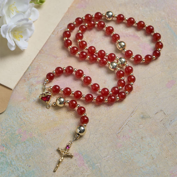 Divine Love Sacred Heart Rosary with Elegant Red Glass & Golden Crucifix