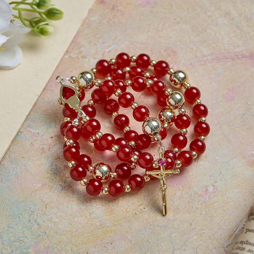 Divine Love Sacred Heart Rosary with Elegant Red Glass & Golden Crucifix