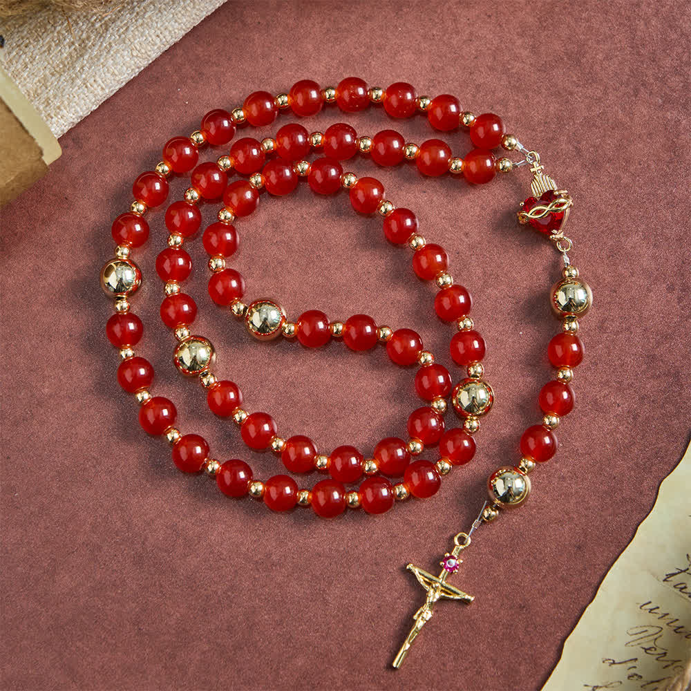 Divine Love Sacred Heart Rosary with Elegant Red Glass & Golden Crucifix