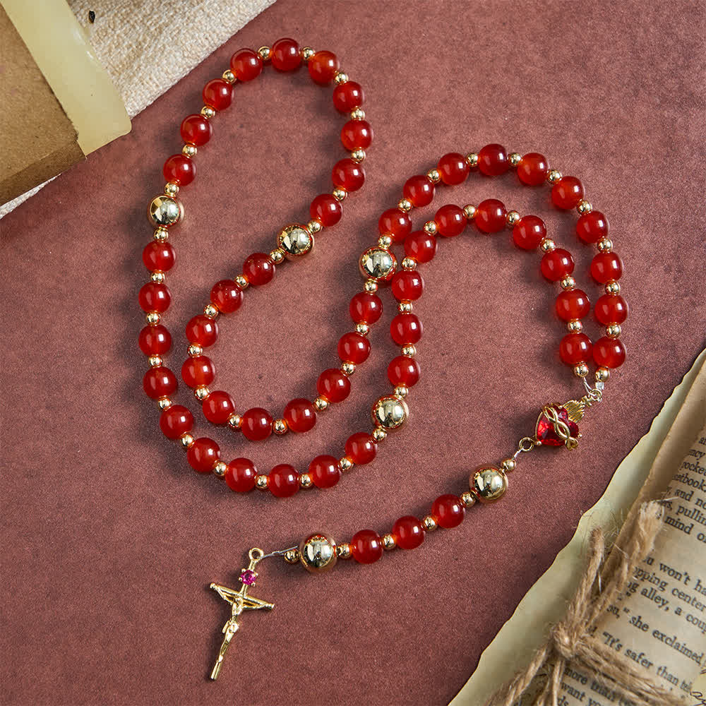 Divine Love Sacred Heart Rosary with Elegant Red Glass & Golden Crucifix