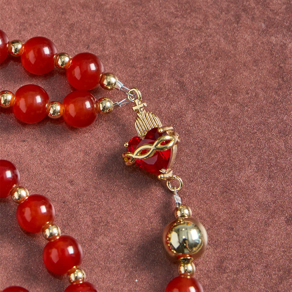 Divine Love Sacred Heart Rosary with Elegant Red Glass & Golden Crucifix