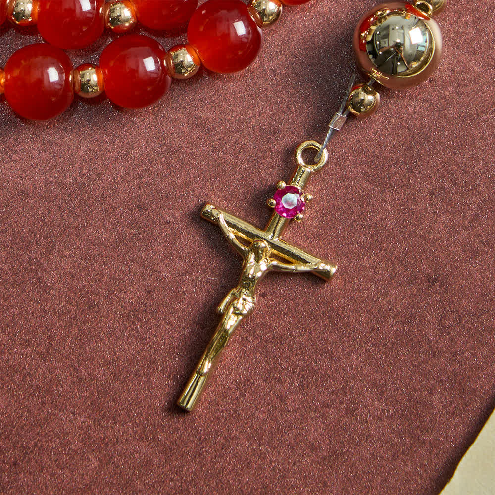 Divine Love Sacred Heart Rosary with Elegant Red Glass & Golden Crucifix