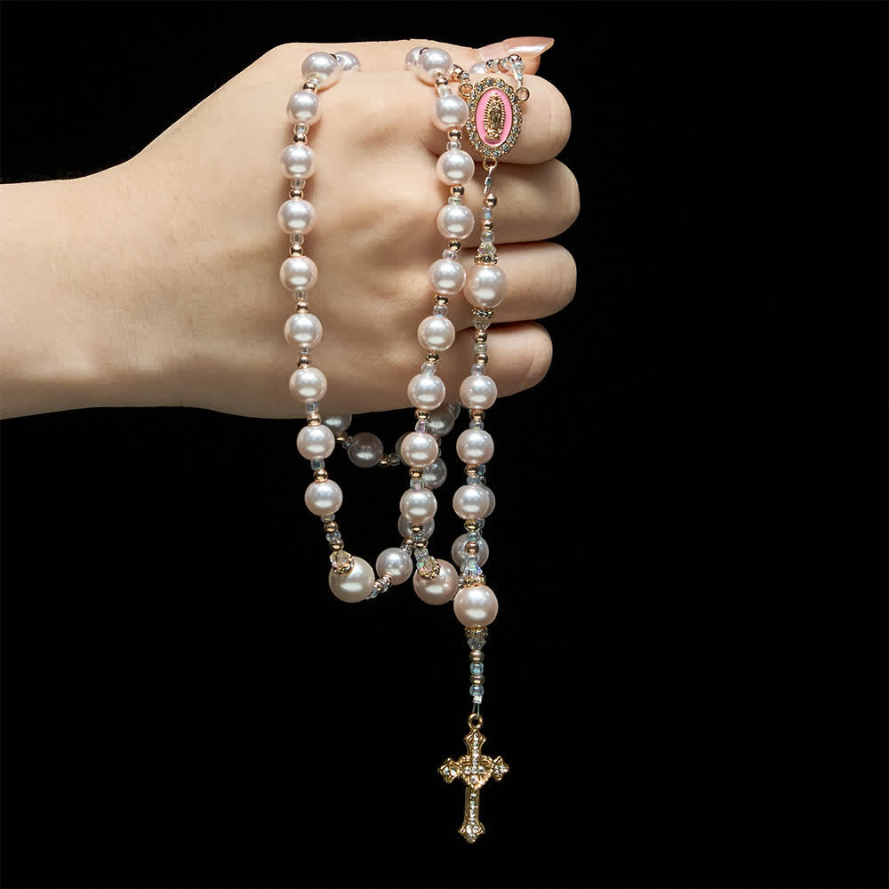 Elegant Catholic Soft Peach Glow Rosary with Our Lady