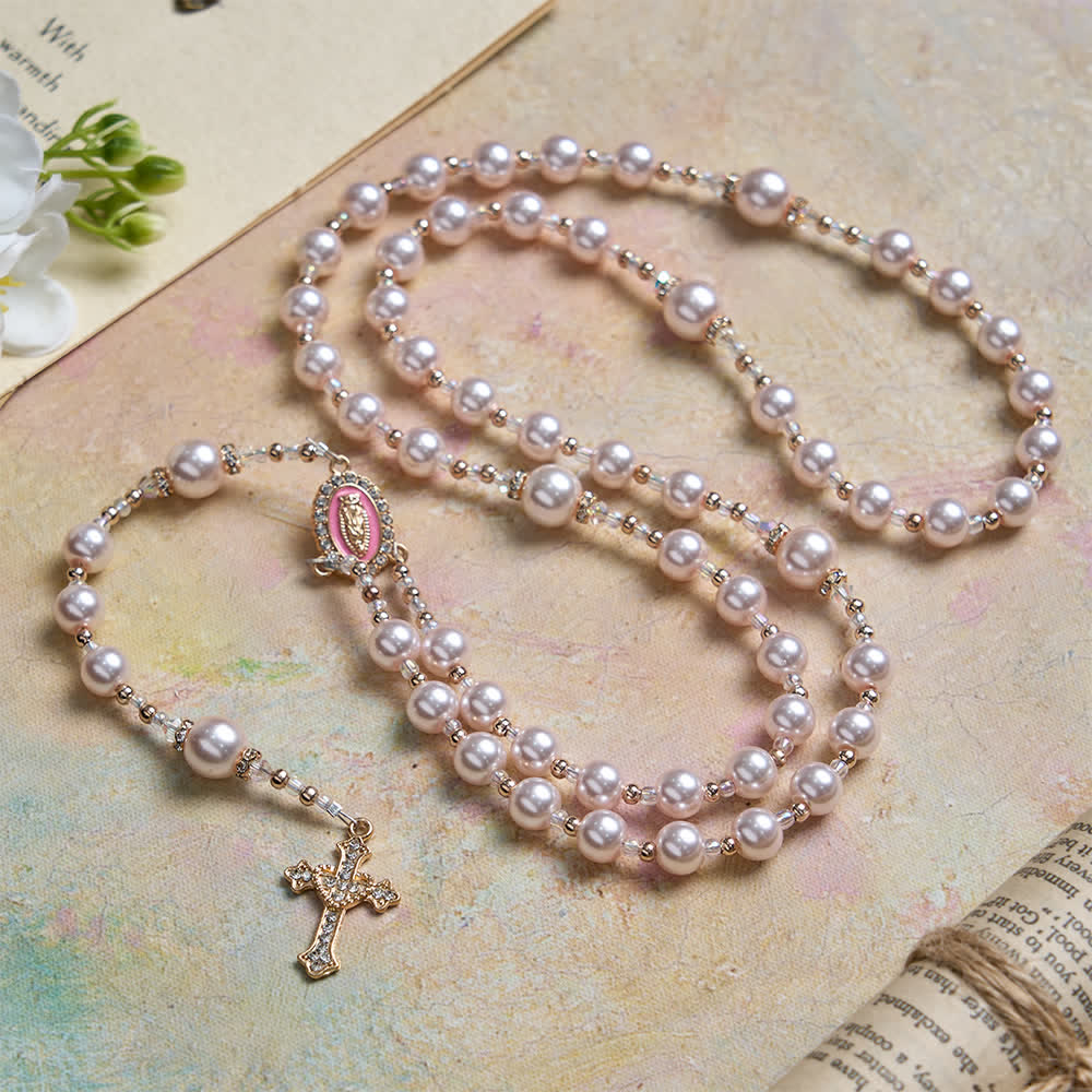 Elegant Catholic Soft Peach Glow Rosary with Our Lady