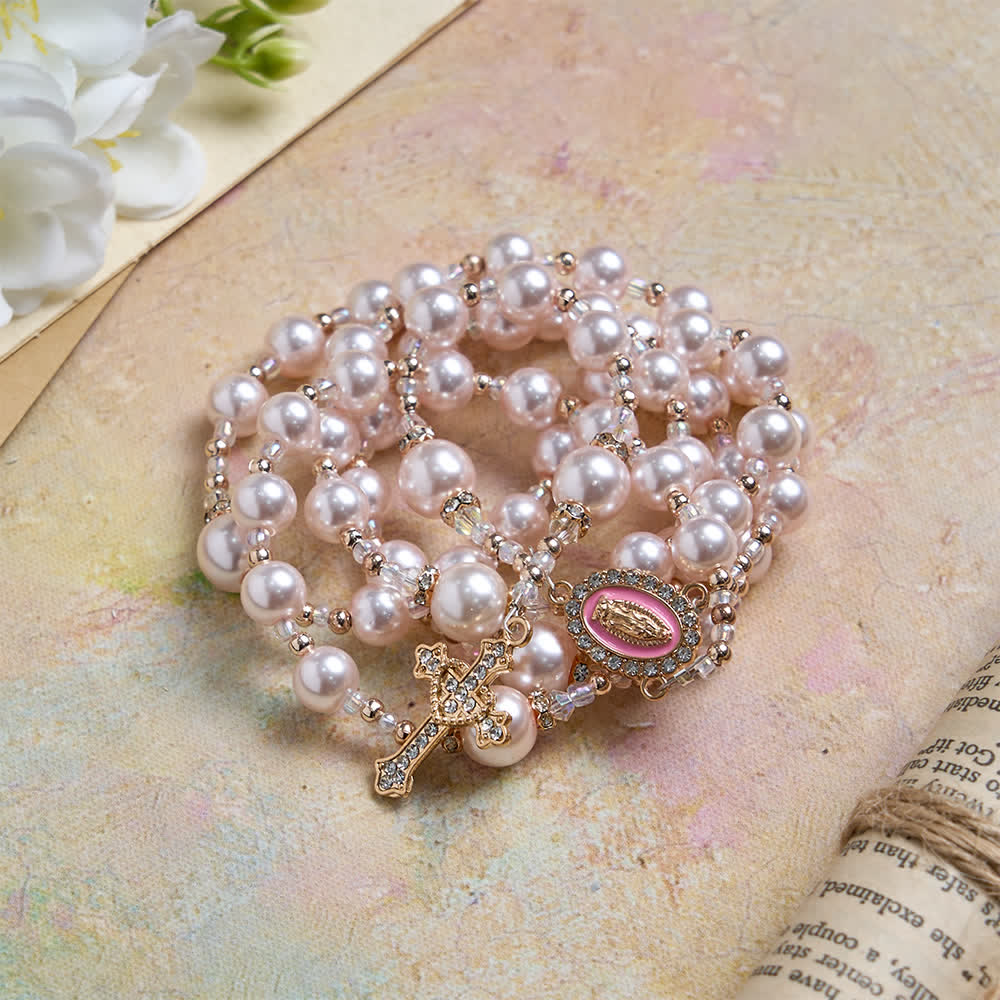 Elegant Catholic Soft Peach Glow Rosary with Our Lady