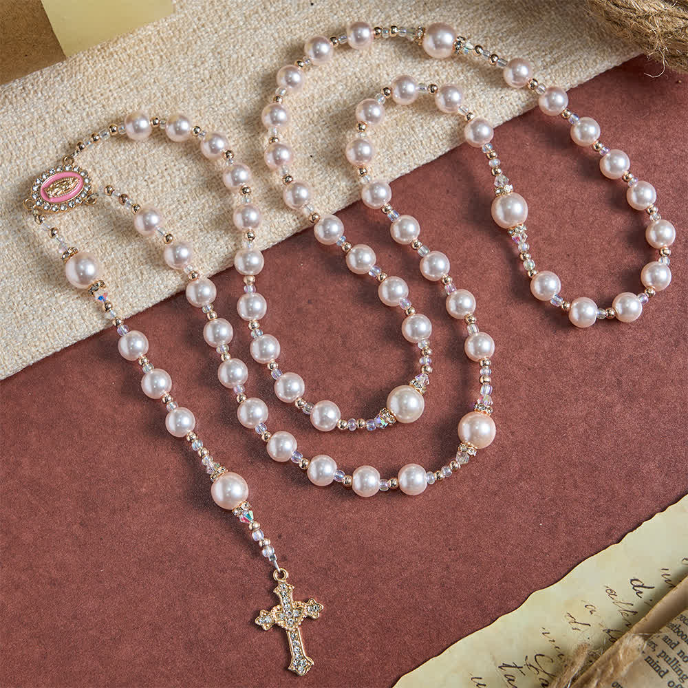 Elegant Catholic Soft Peach Glow Rosary with Our Lady