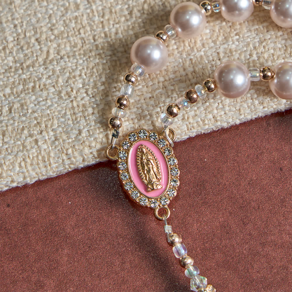 Elegant Catholic Soft Peach Glow Rosary with Our Lady