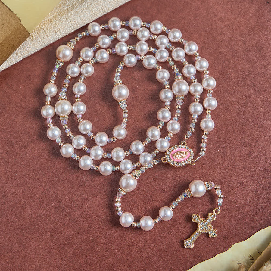 Elegant Catholic Soft Peach Glow Rosary with Our Lady