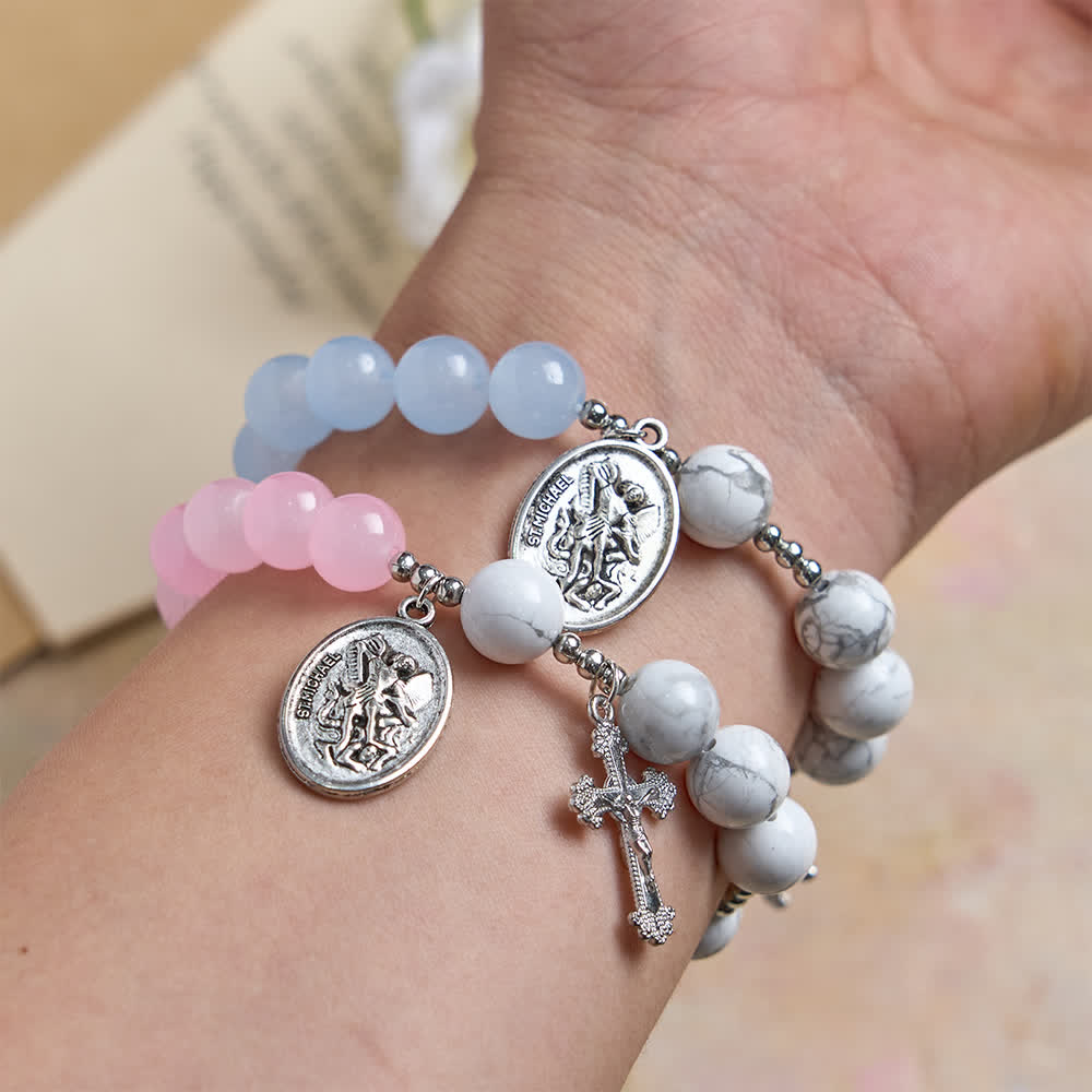 Natural Howlite Stone St. Michael Bracelet: Light Blue & PInk Dual Spiritual Protection