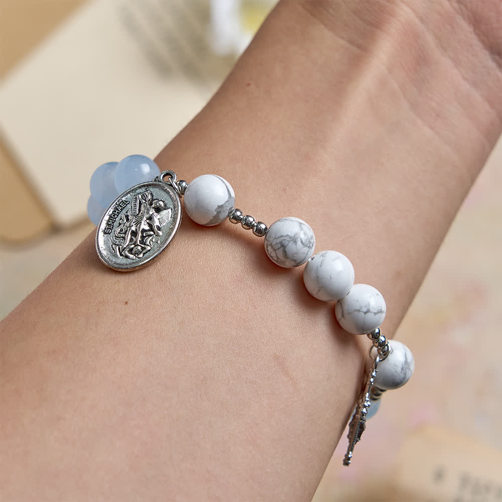 Natural Howlite Stone St. Michael Bracelet: Light Blue & PInk Dual Spiritual Protection