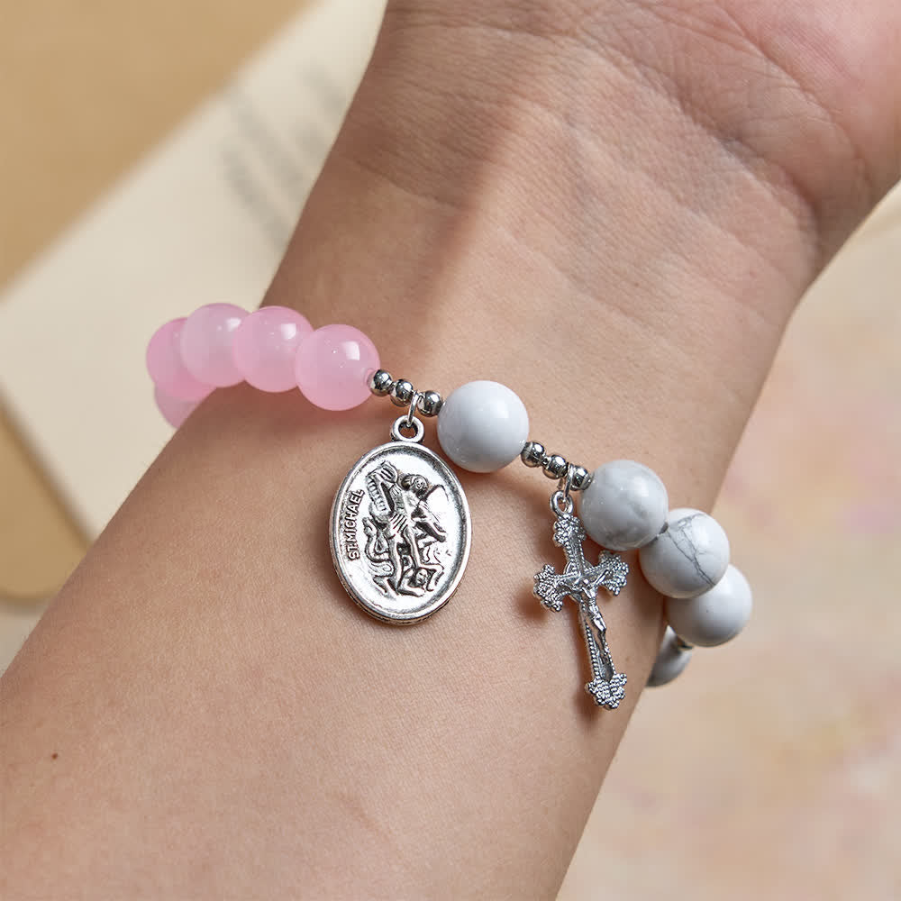 Natural Howlite Stone St. Michael Bracelet: Light Blue & PInk Dual Spiritual Protection