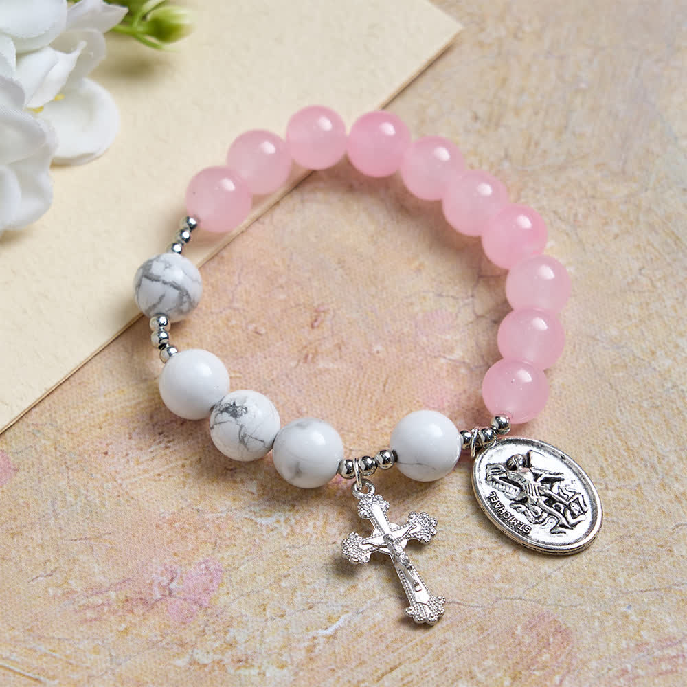 Natural Howlite Stone St. Michael Bracelet: Light Blue & PInk Dual Spiritual Protection