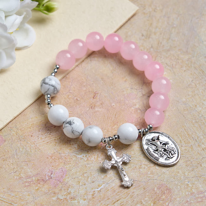 Natural Howlite Stone St. Michael Bracelet: Light Blue & PInk Dual Spiritual Protection