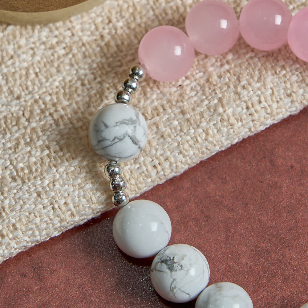 Natural Howlite Stone St. Michael Bracelet: Light Blue & PInk Dual Spiritual Protection