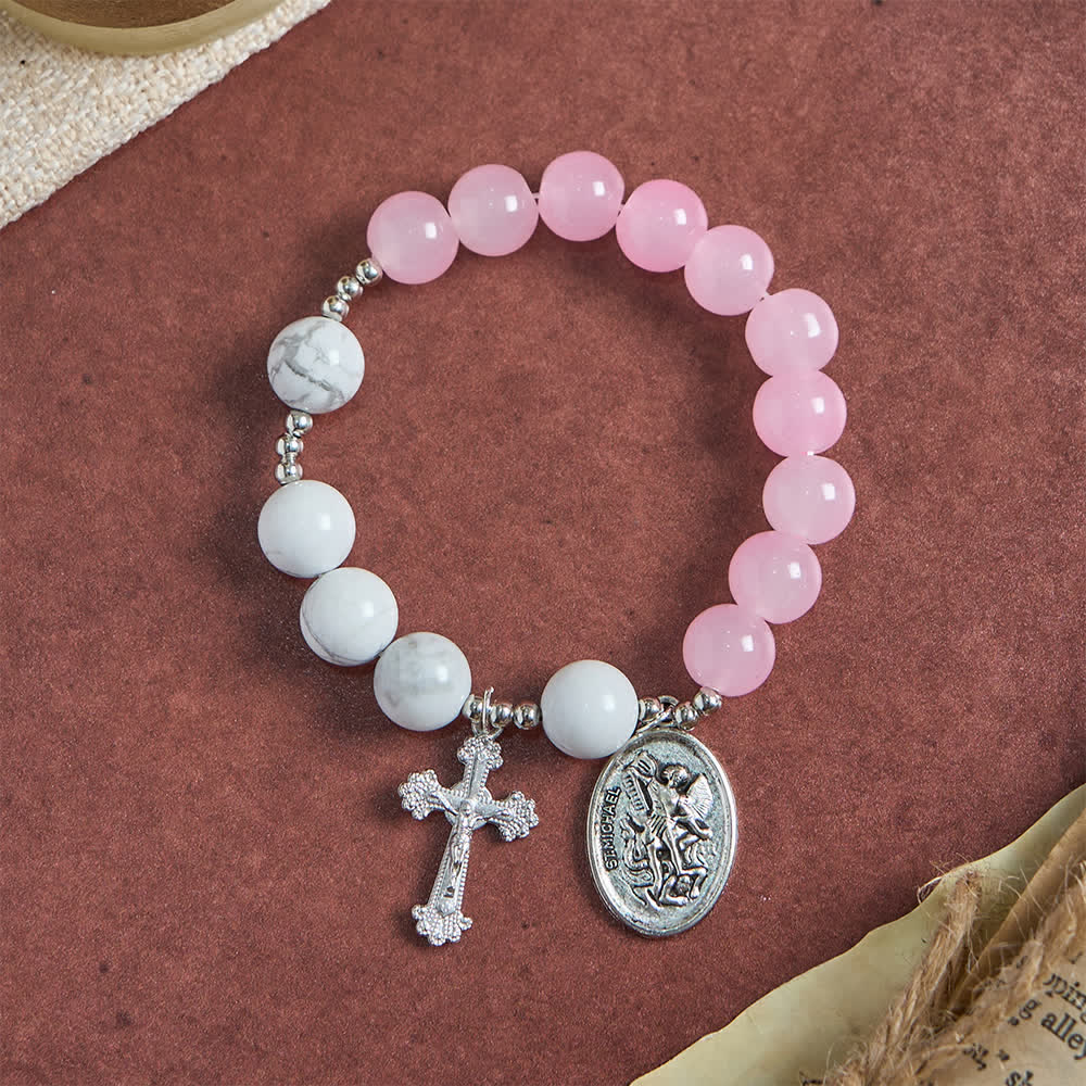 Natural Howlite Stone St. Michael Bracelet: Light Blue & PInk Dual Spiritual Protection