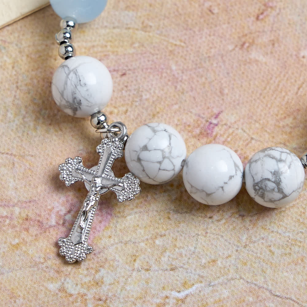 Natural Howlite Stone St. Michael Bracelet: Light Blue & PInk Dual Spiritual Protection