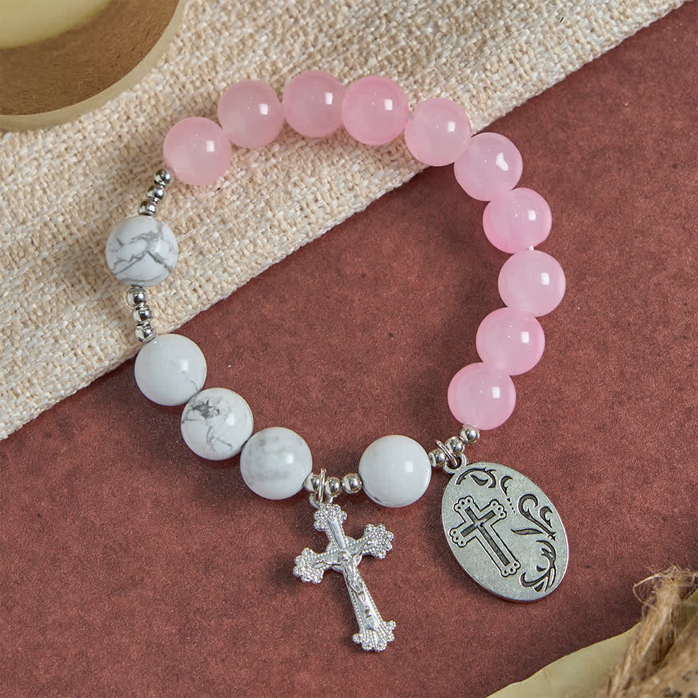 Natural Howlite Stone St. Michael Bracelet: Light Blue & PInk Dual Spiritual Protection