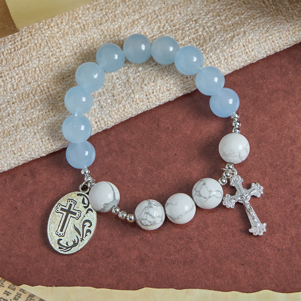 Natural Howlite Stone St. Michael Bracelet: Light Blue & PInk Dual Spiritual Protection