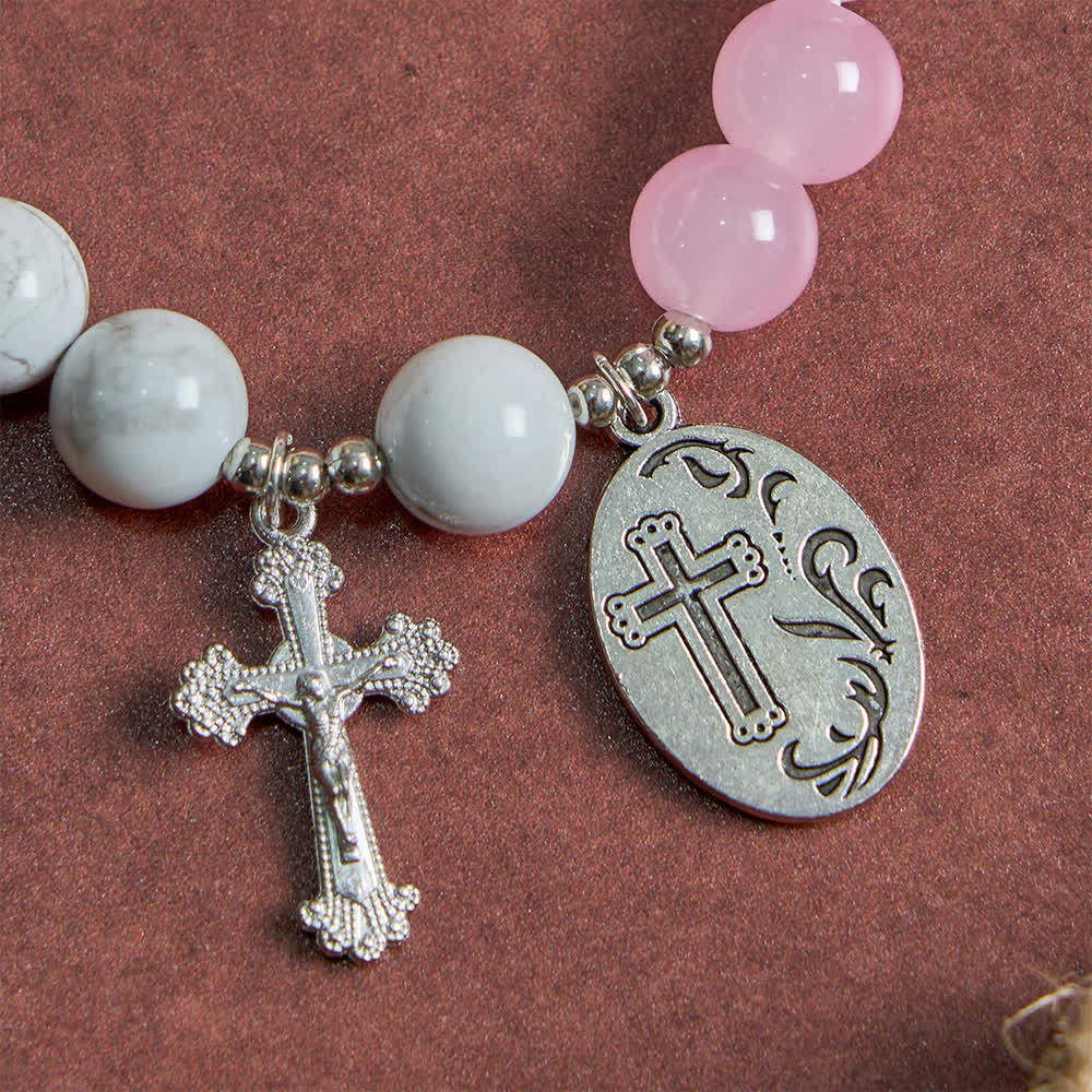 Natural Howlite Stone St. Michael Bracelet: Light Blue & PInk Dual Spiritual Protection