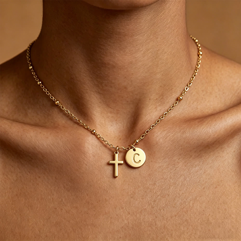 Initial Letter Disc & Cross Pendant Necklace: Timeless Symbol of Personal Faith