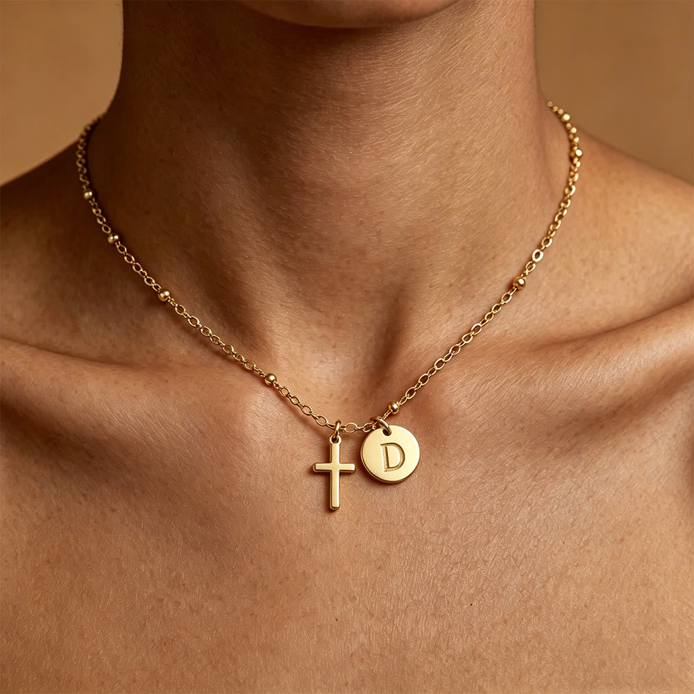Initial Letter Disc & Cross Pendant Necklace: Timeless Symbol of Personal Faith