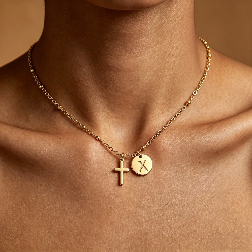Initial Letter Disc & Cross Pendant Necklace: Timeless Symbol of Personal Faith
