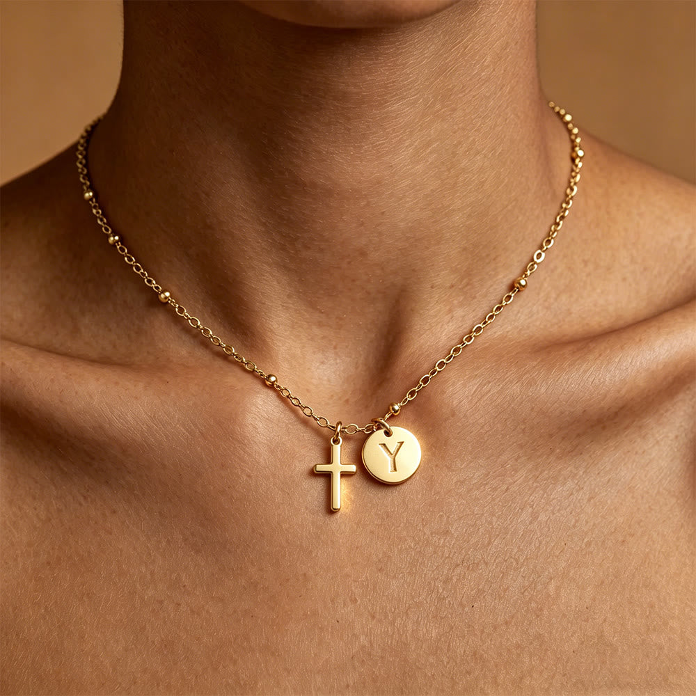 Initial Letter Disc & Cross Pendant Necklace: Timeless Symbol of Personal Faith