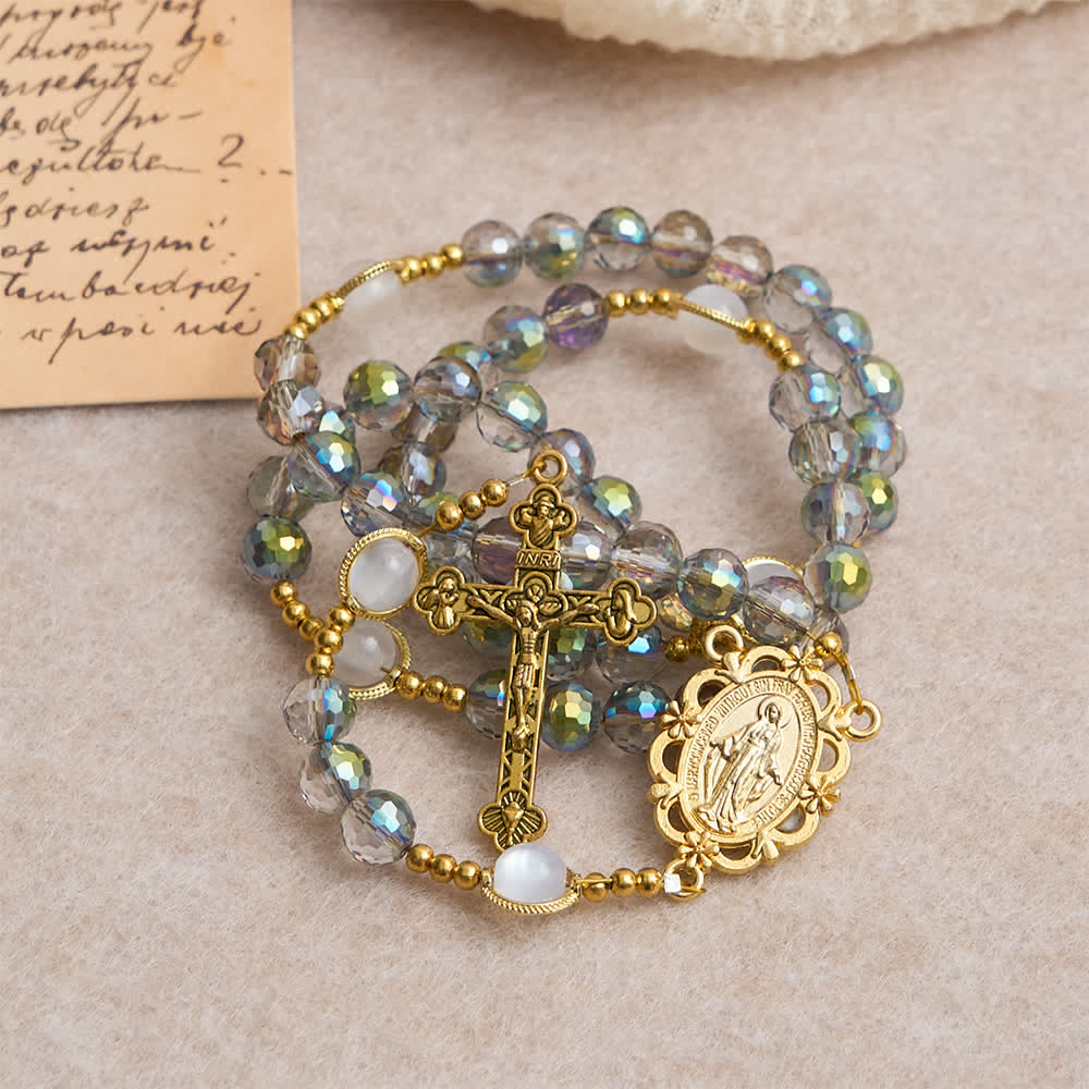 Rainbow Iridescent Faceted Beads Rosary with Golden Our Lady Pendant