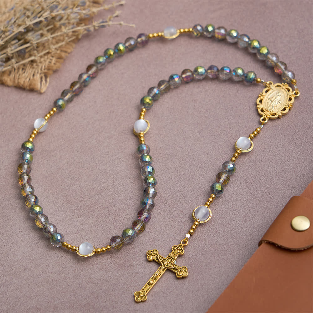 Rainbow Iridescent Faceted Beads Rosary with Golden Our Lady Pendant