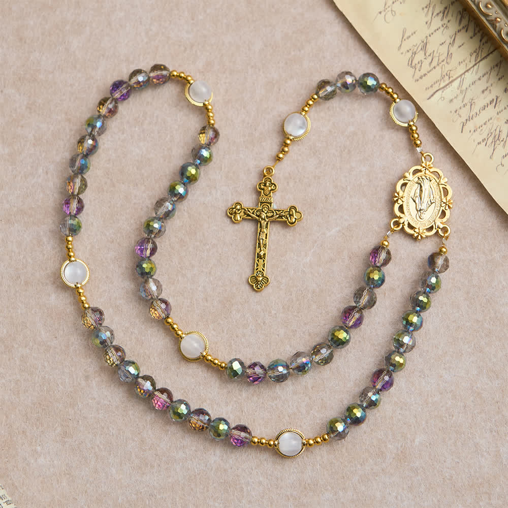 Rainbow Iridescent Faceted Beads Rosary with Golden Our Lady Pendant