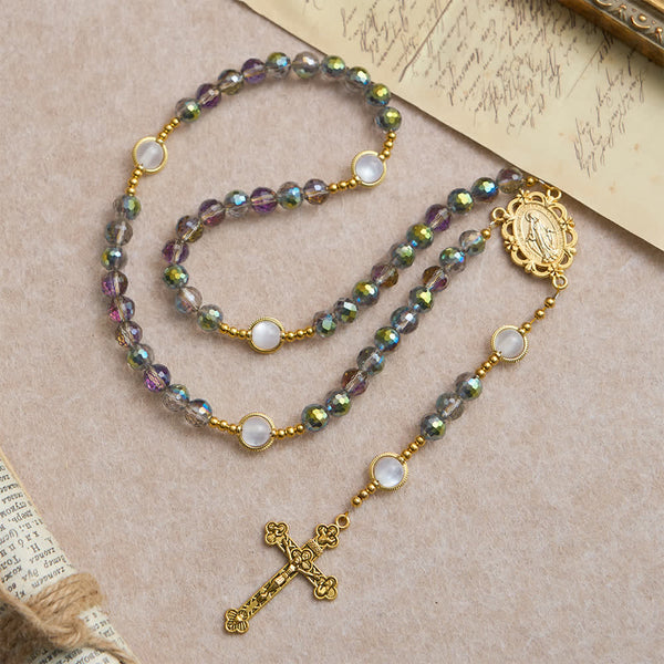 Rainbow Iridescent Faceted Beads Rosary with Golden Our Lady Pendant