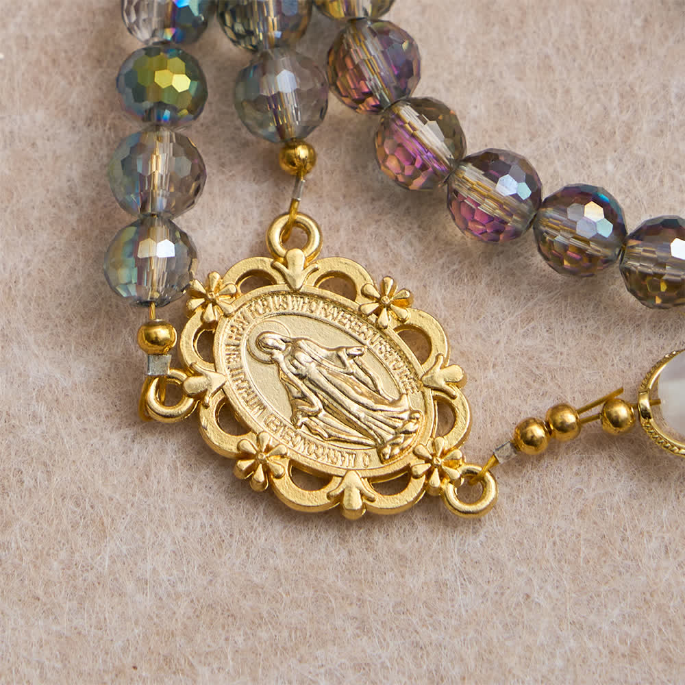 Rainbow Iridescent Faceted Beads Rosary with Golden Our Lady Pendant