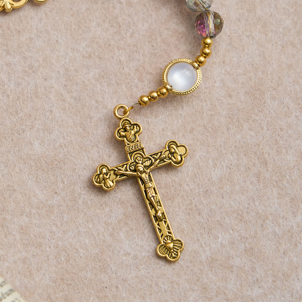Rainbow Iridescent Faceted Beads Rosary with Golden Our Lady Pendant