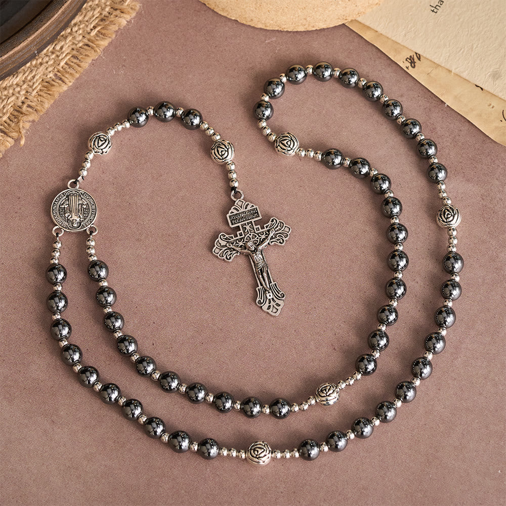 Hematite Rosary with Rose Beads and St. Benedict Medal & Detailed Crucifix