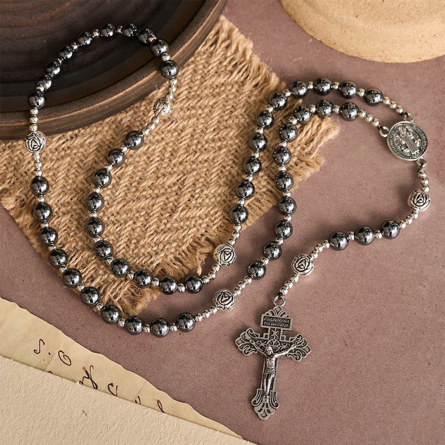 Hematite Rosary with Rose Beads and St. Benedict Medal & Detailed Crucifix
