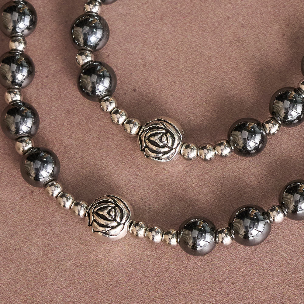 Hematite Rosary with Rose Beads and St. Benedict Medal & Detailed Crucifix