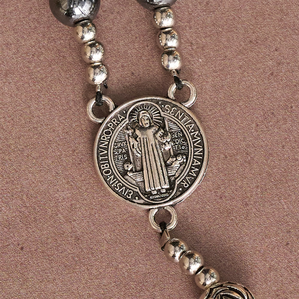 Hematite Rosary with Rose Beads and St. Benedict Medal & Detailed Crucifix