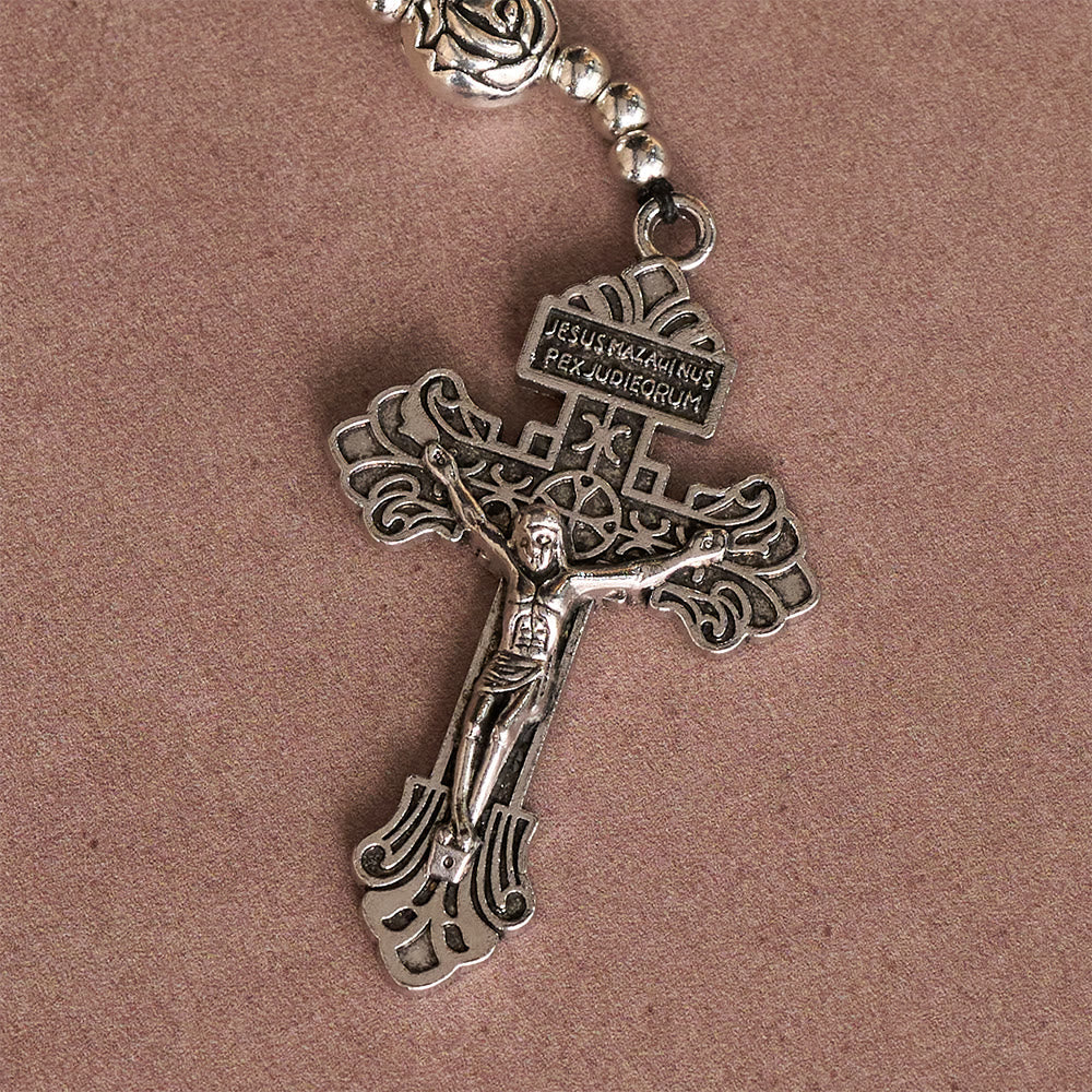 Hematite Rosary with Rose Beads and St. Benedict Medal & Detailed Crucifix
