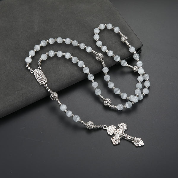 Luminous White Cat Eye Stone Rosary with Our Lady Medal & Ornate Crucifix